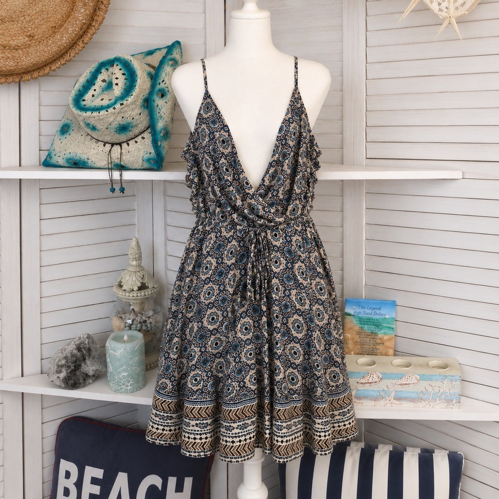 Pol Floral Boho Festival Lace Up Back Dress Size Large | Blue Beige